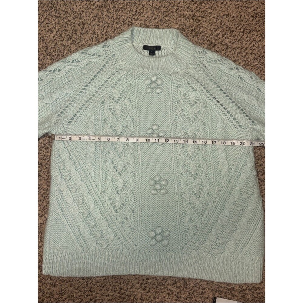 J.Crew Cable-Knit Pointelle Sweater with Popcorn Flowers Alpaca Blend Mint M - Picture 4 of 6